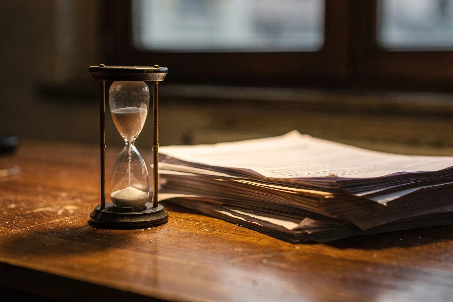 Eine Sanduhr steht neben einem Stapel Papieren auf einem Schreibtisch