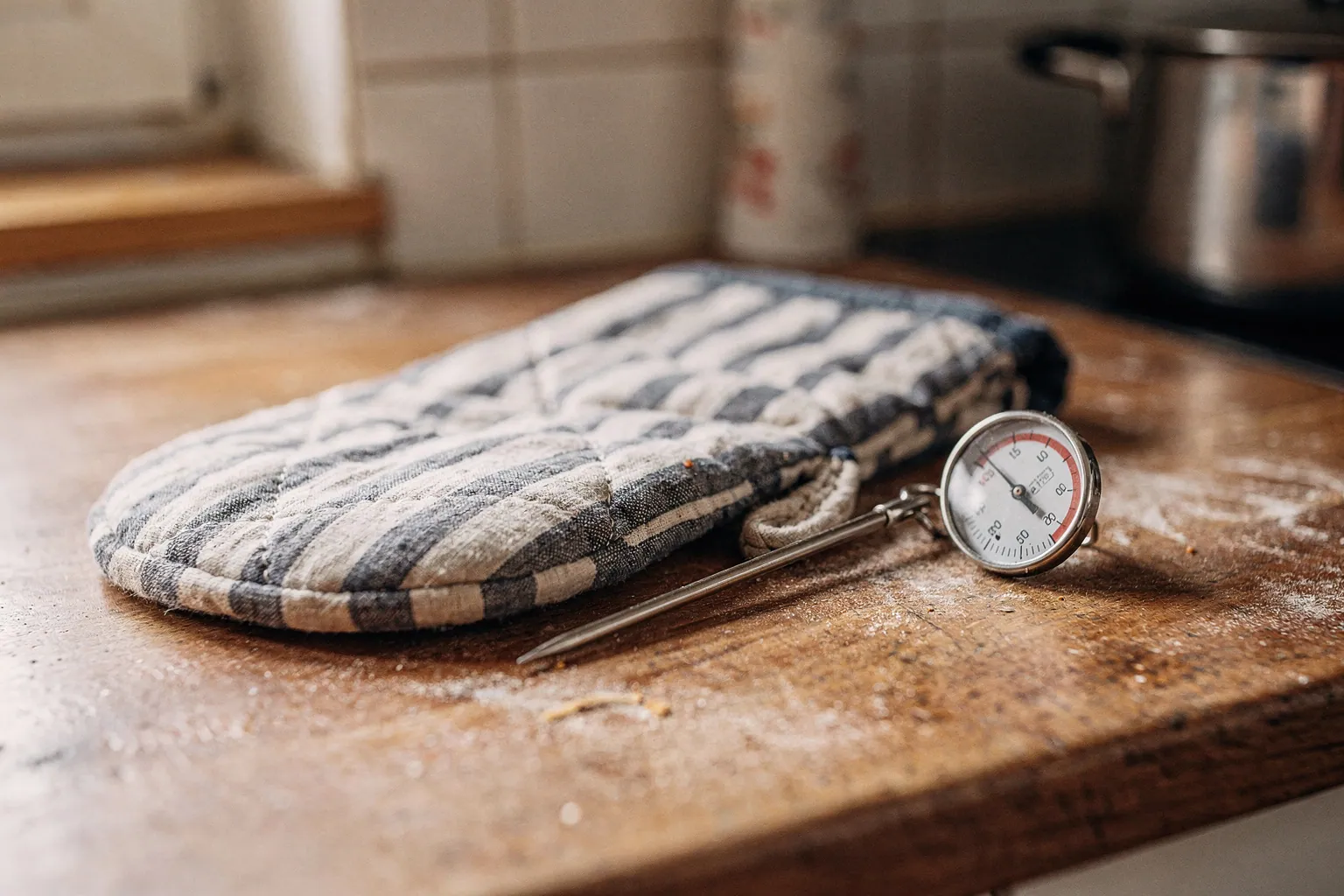 Ofenhandschuh und Küchenthermometer liegen auf einer Arbeitsfläche
