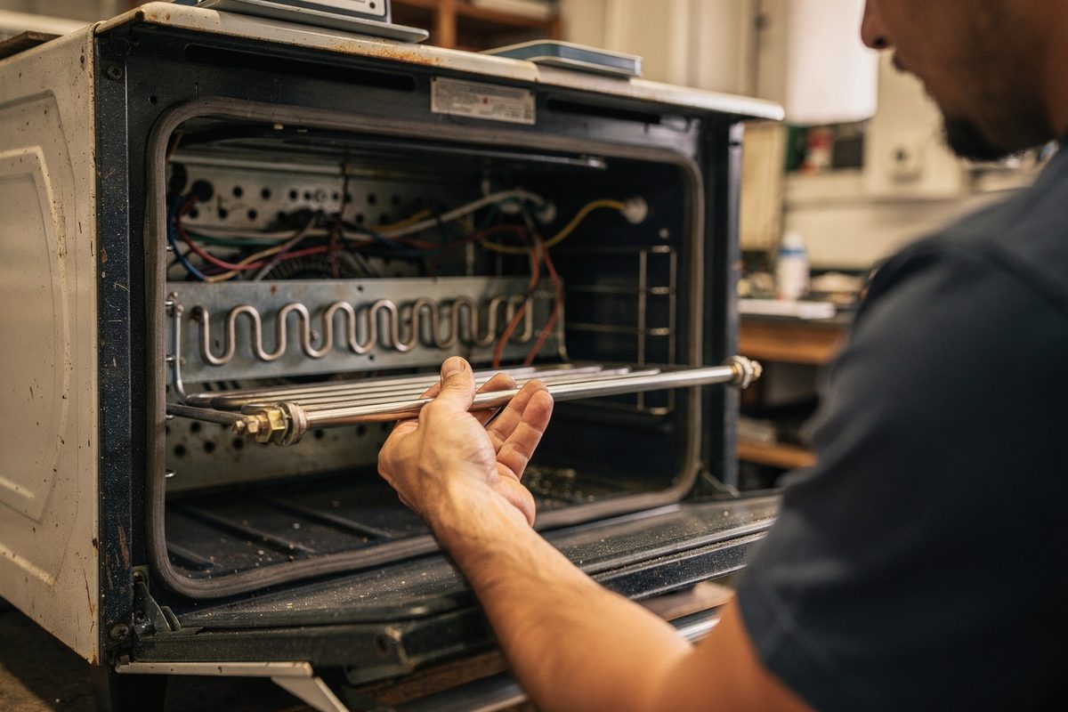 Techniker vergleicht ein neues Heizelement mit dem eingebauten Bauteil im Backofen