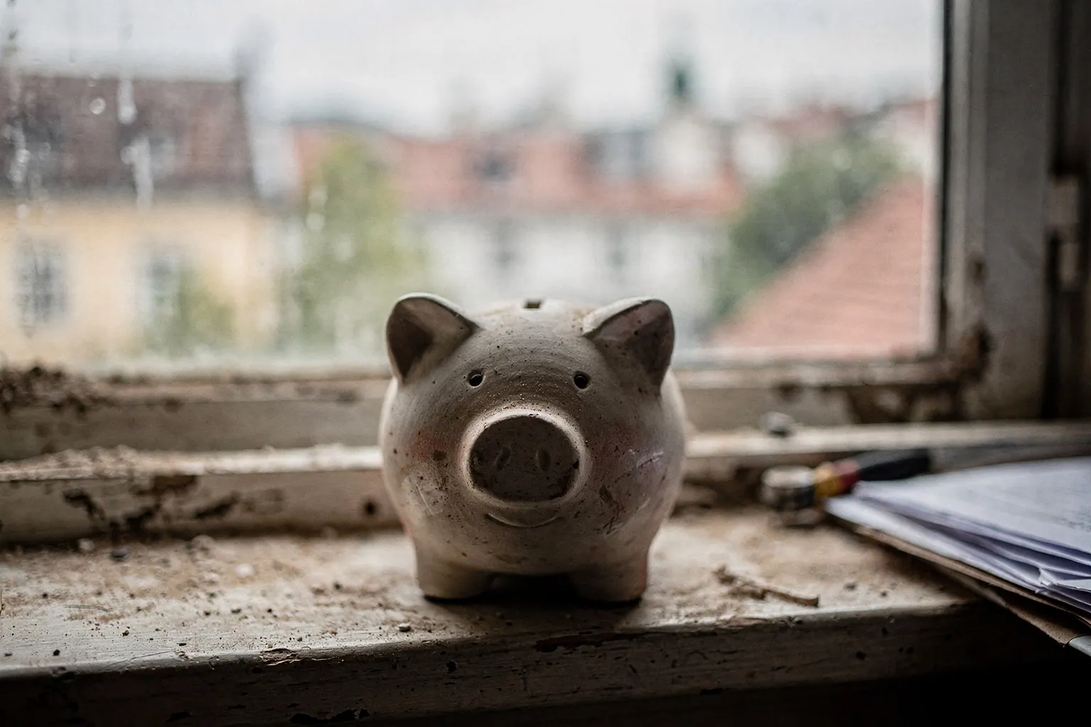 Ein keramisches Sparschwein steht auf einer Fensterbank
