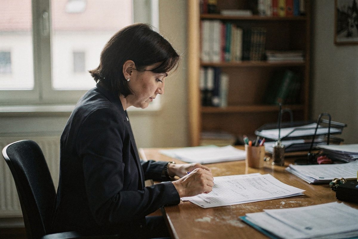 Beraterin sitzt im Profil an ihrem Schreibtisch und liest ein Formular