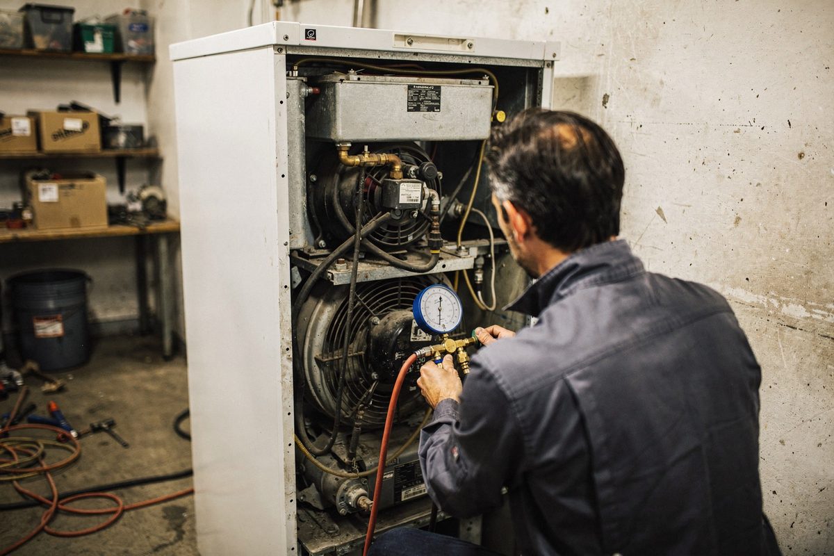 Techniker misst mit einem Manometer den Druck am Kompressor eines Kühlschranks