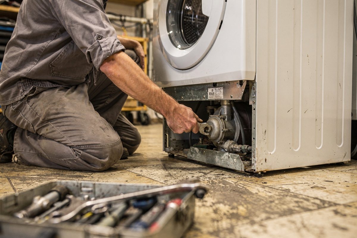 Techniker tauscht die Pumpe im geöffneten Bodenblech einer Waschmaschine aus