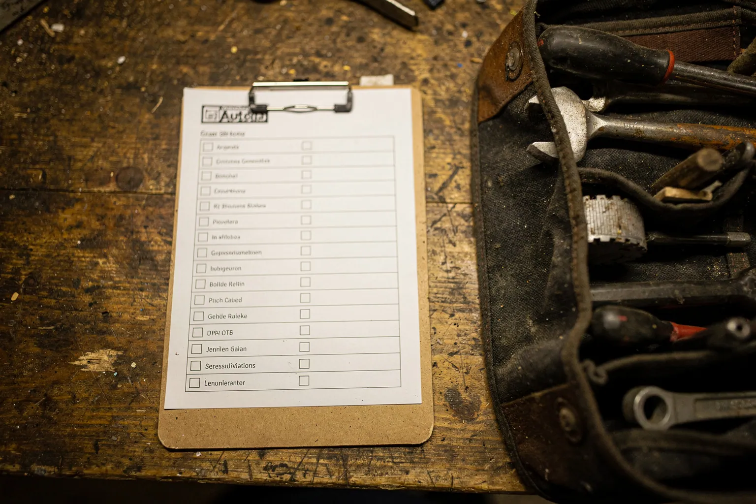 Klemmbrett mit Checkliste liegt neben einer Werkzeugtasche auf einer Werkbank